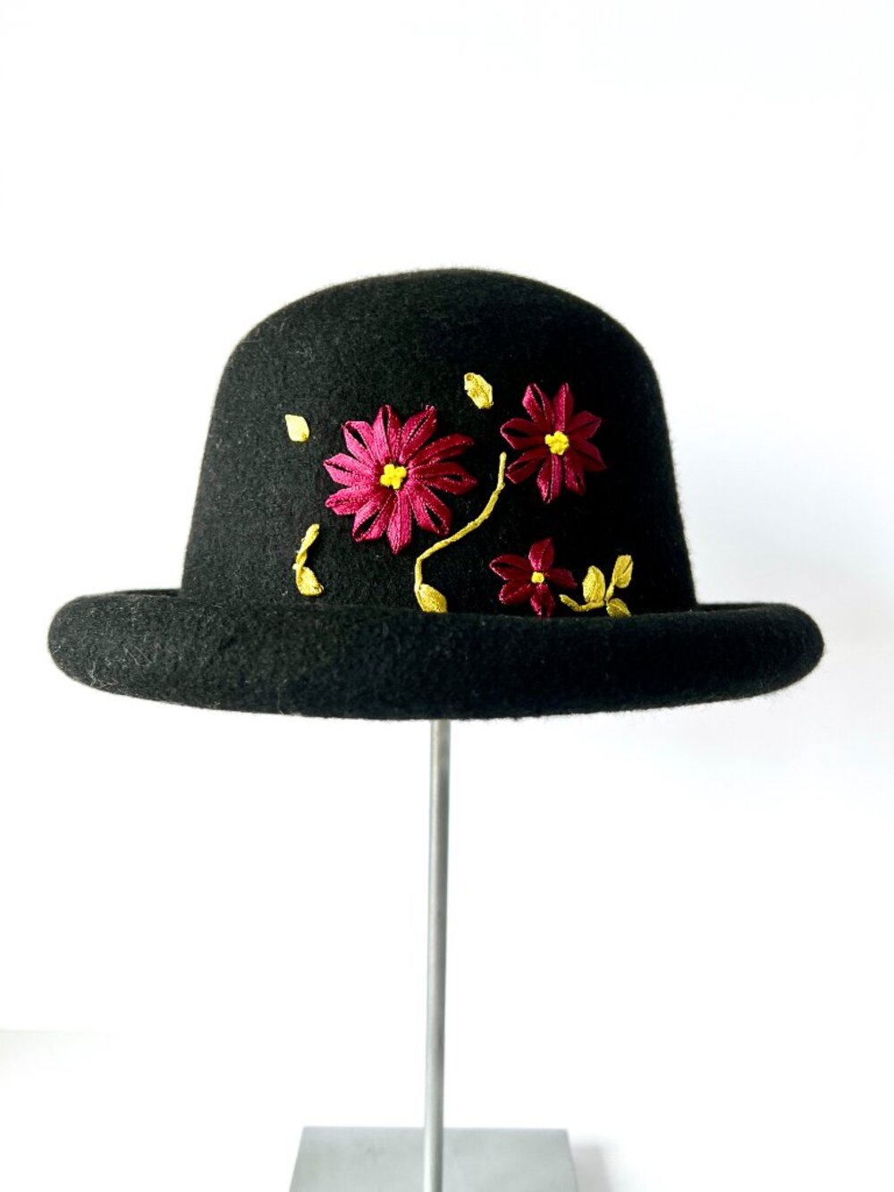Cottagecore Bowler Black Wool Hat with Embroidered Flowers, Rolled Brim, EC!